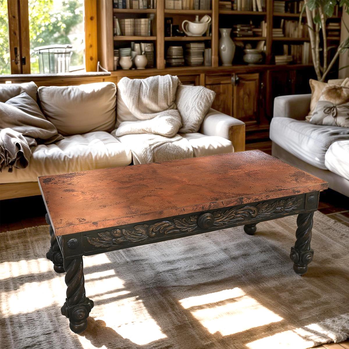 The Spaniard | Rustic Elegance Copper-Top Coffee Table with Hand-Carved Base | 22 x 28 x 55