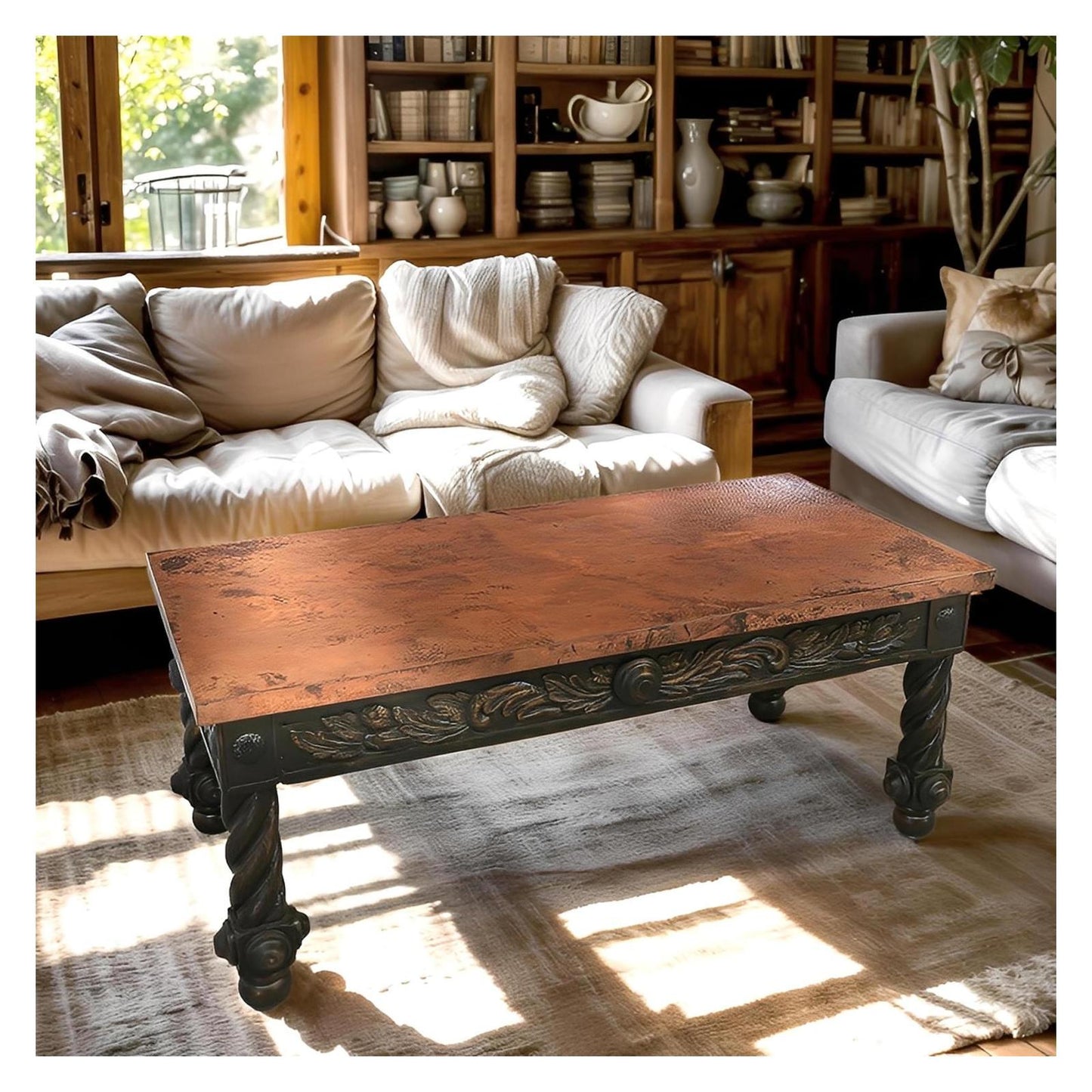 The Spaniard | Rustic Elegance Copper-Top Coffee Table with Hand-Carved Base | 22 x 28 x 55