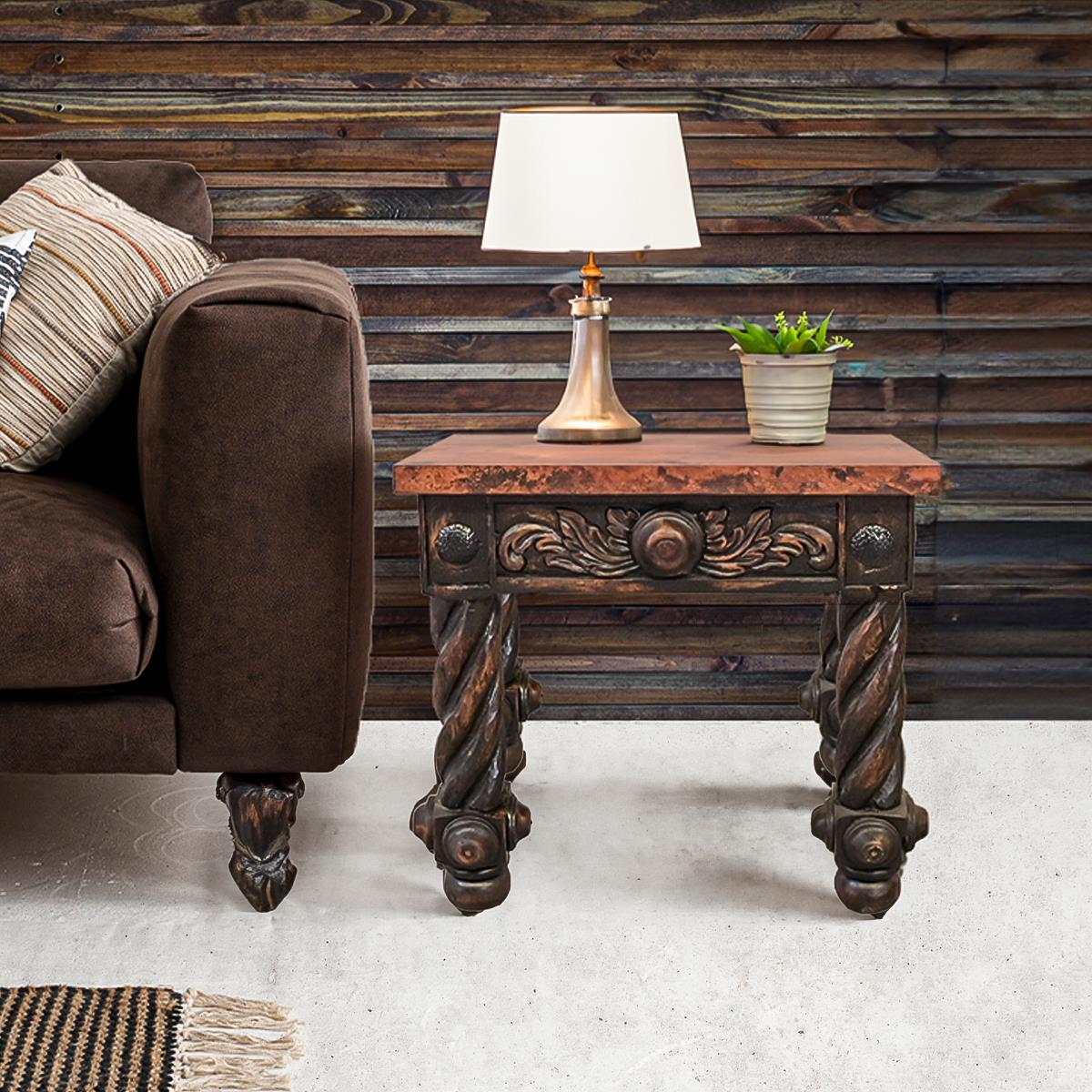 The Spaniards | Rustic Elegance Copper-Top End Tables (2-Pack) with Hand-Carved Bases