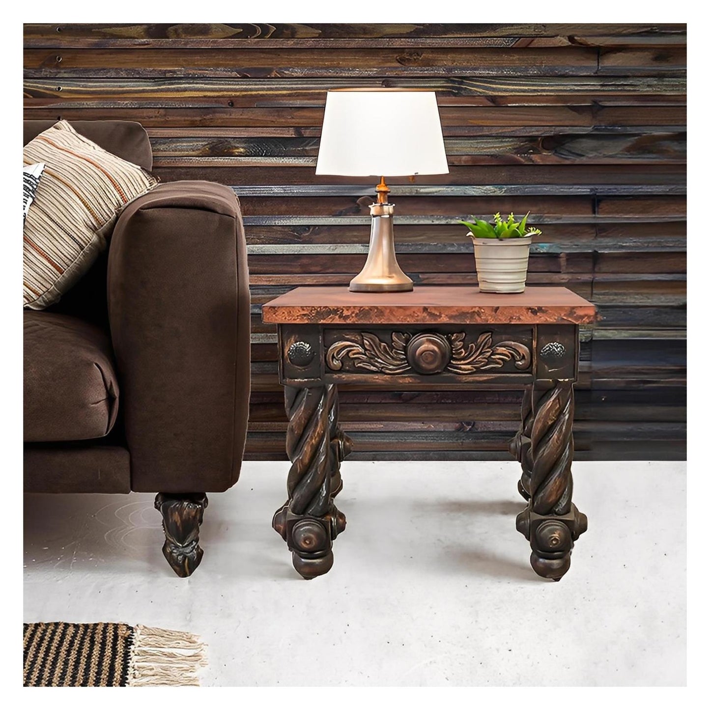 The Spaniards | Rustic Elegance Copper-Top End Tables (2-Pack) with Hand-Carved Bases
