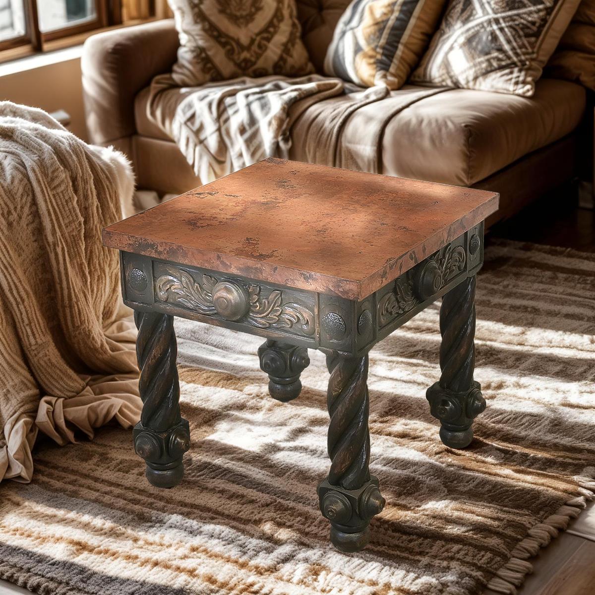 The Spaniards | Rustic Elegance Copper-Top End Tables (2-Pack) with Hand-Carved Bases