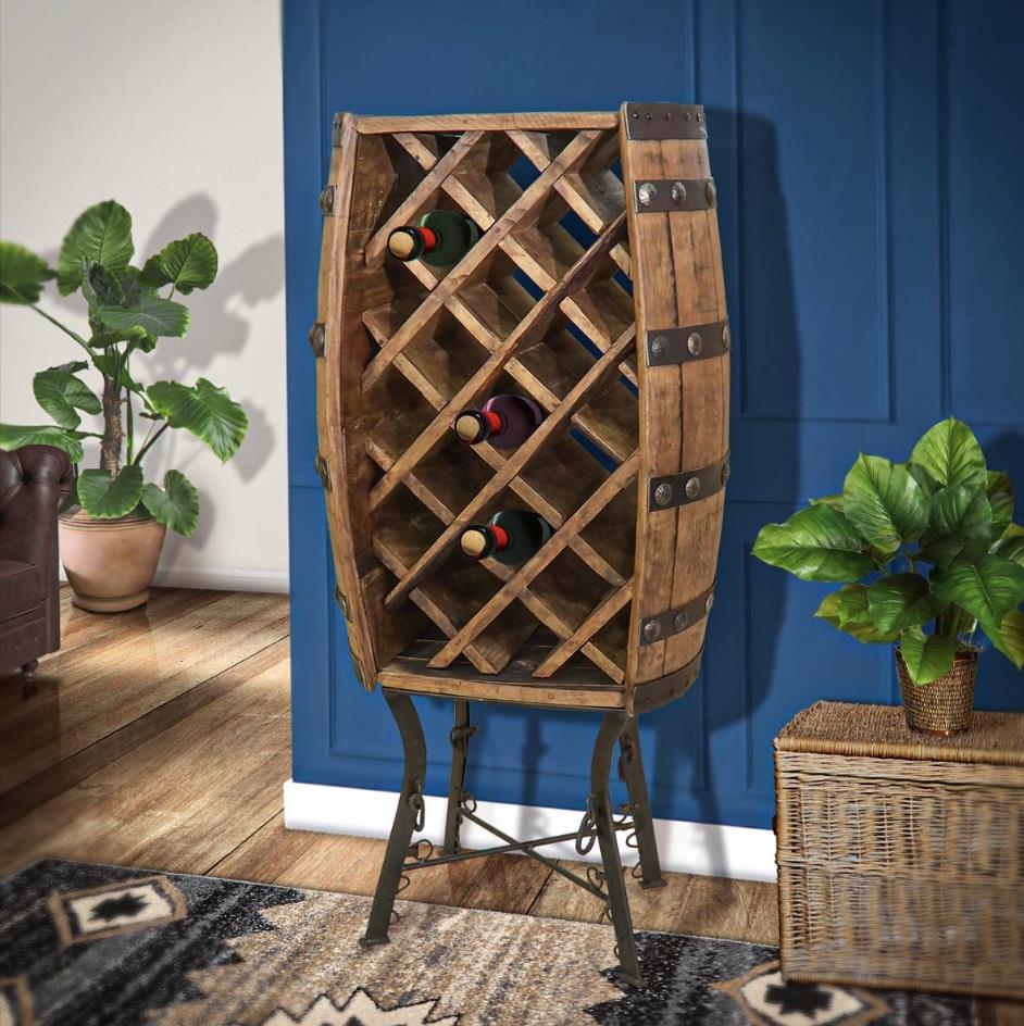 Fine as Wine | Half Barrel Wine Rack on Hand-Forged Steel Base | 22" W x 14" L x 48" H
