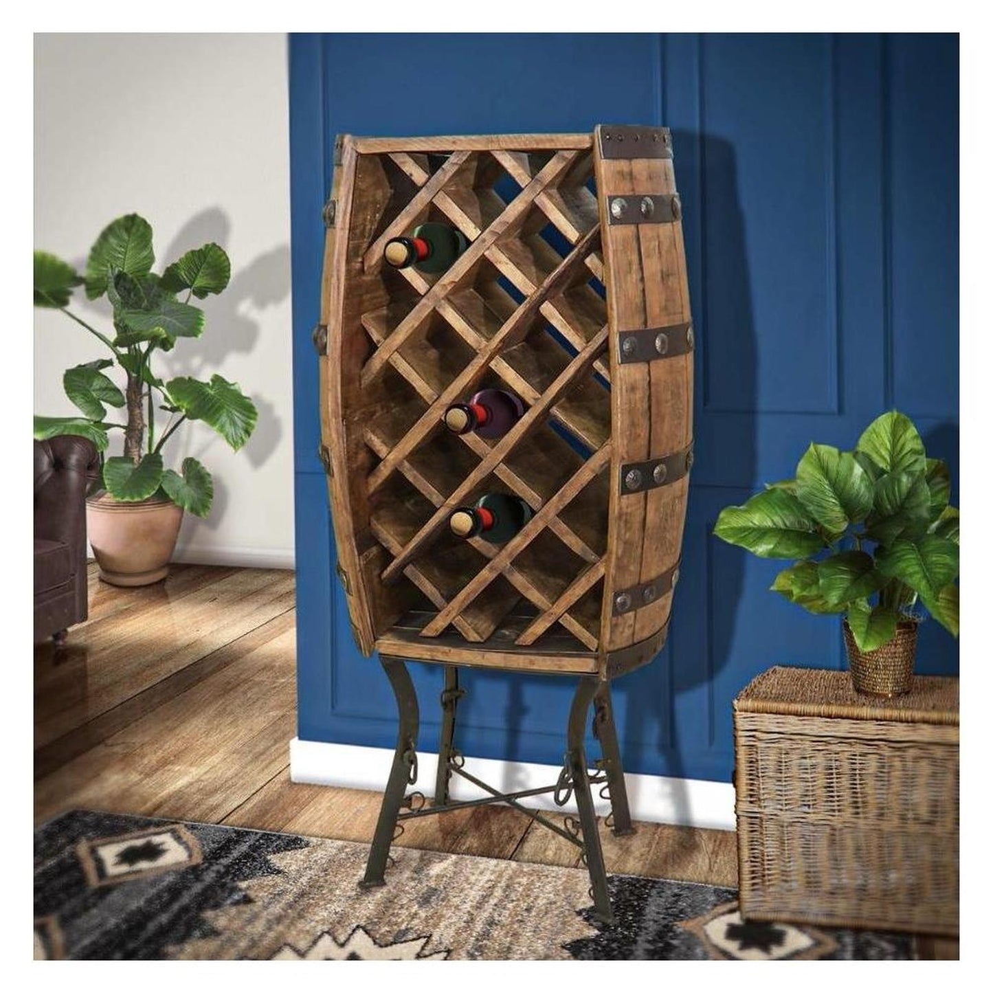 Fine as Wine | Half Barrel Wine Rack on Hand-Forged Steel Base | 22" W x 14" L x 48" H