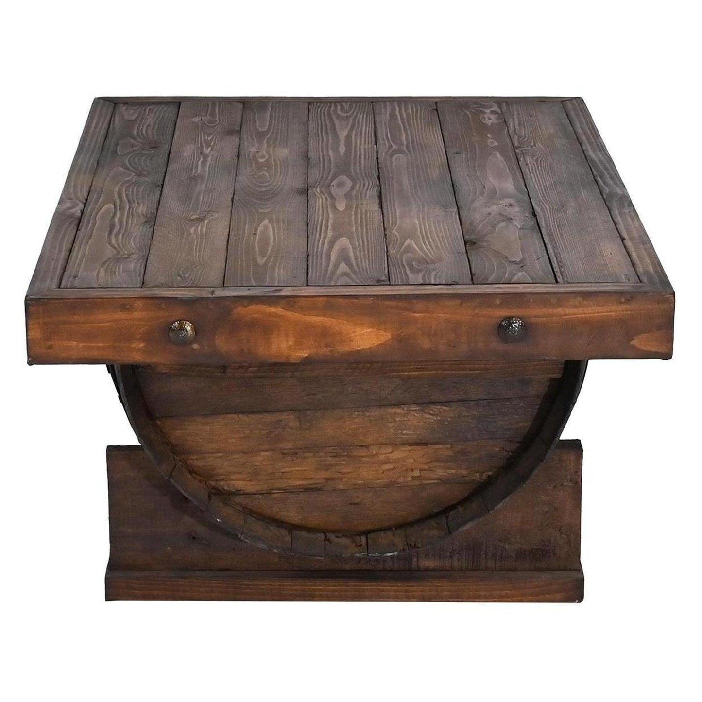 Casual Table with Wine Barrel Wooden top and Half Tequila Barrel Support 27.5" W x 38" L x 16.9" H