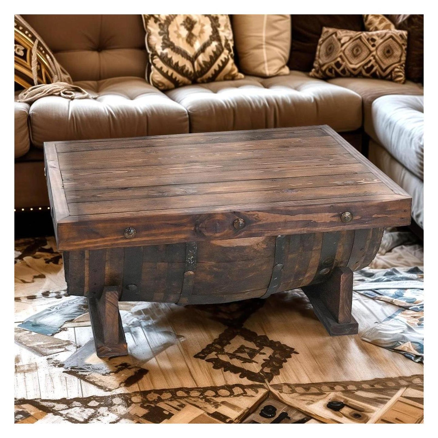 Casual Table with Wine Barrel Wooden top and Half Tequila Barrel Support 27.5" W x 38" L x 16.9" H
