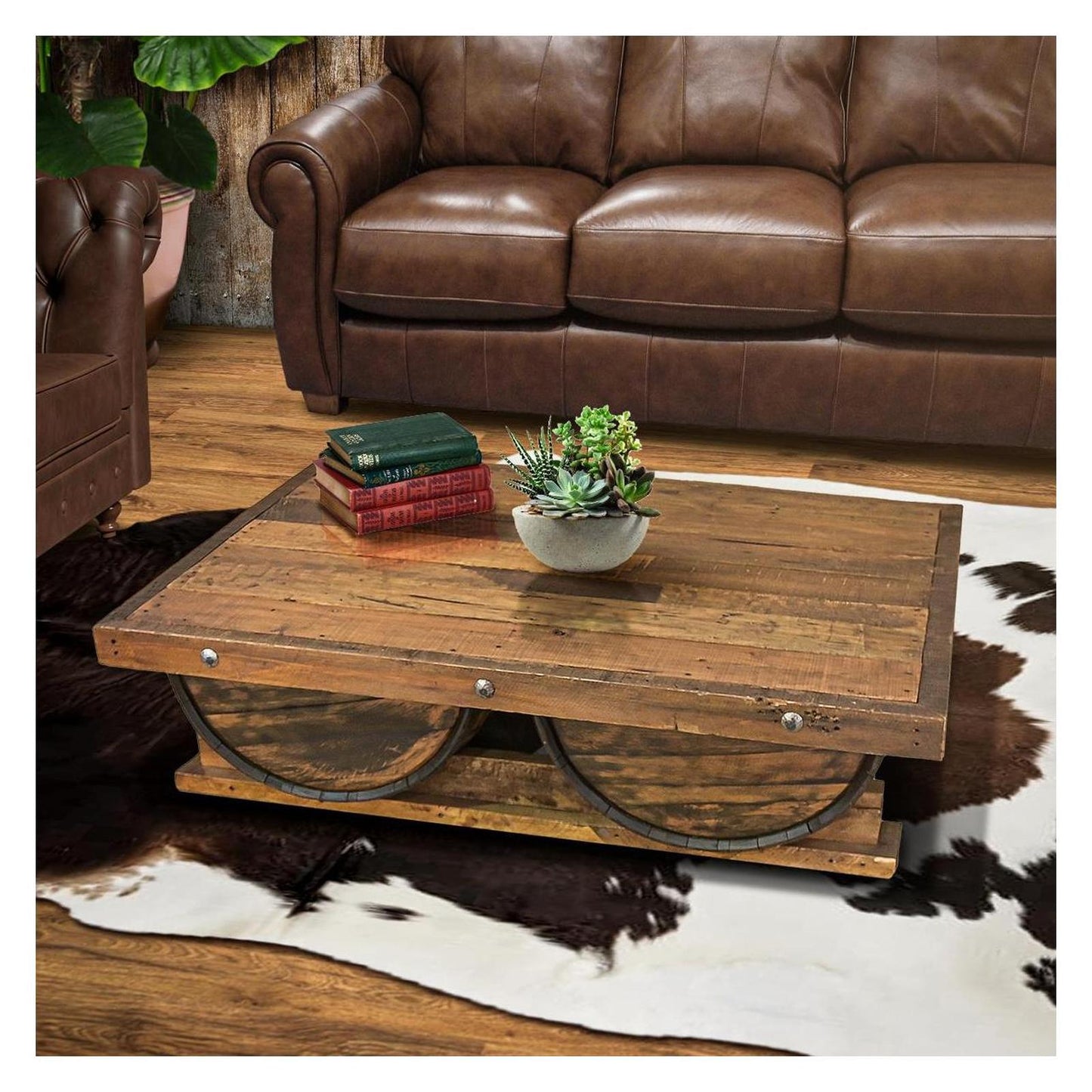 Casual Table with Wine Barrel Wooden top and Half Tequila Barrel Support 54" W x 39" L x 16" H