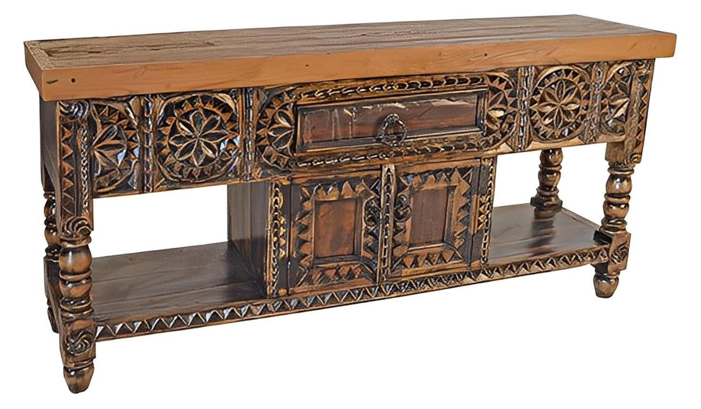 Limestone Hill Old Door Top, Black Wash Finish, Hand Carved Console