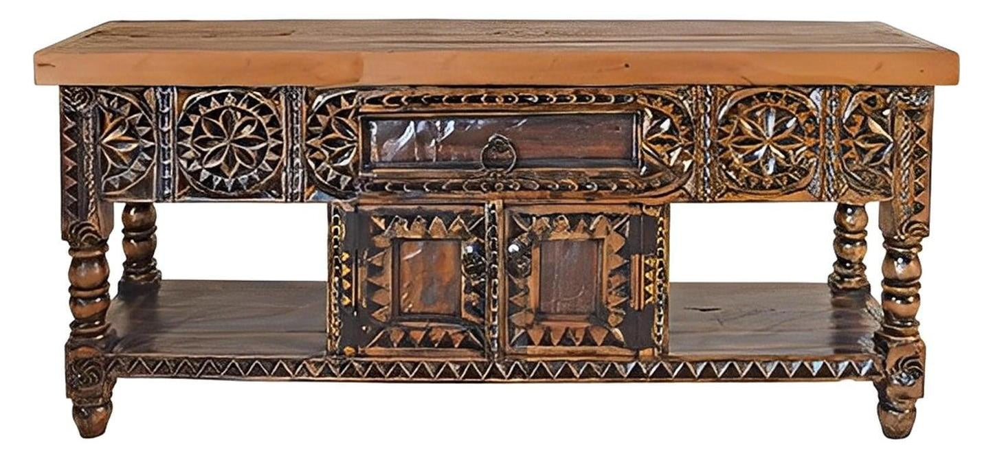 Limestone Hill Old Door Top, Black Wash Finish, Hand Carved Console