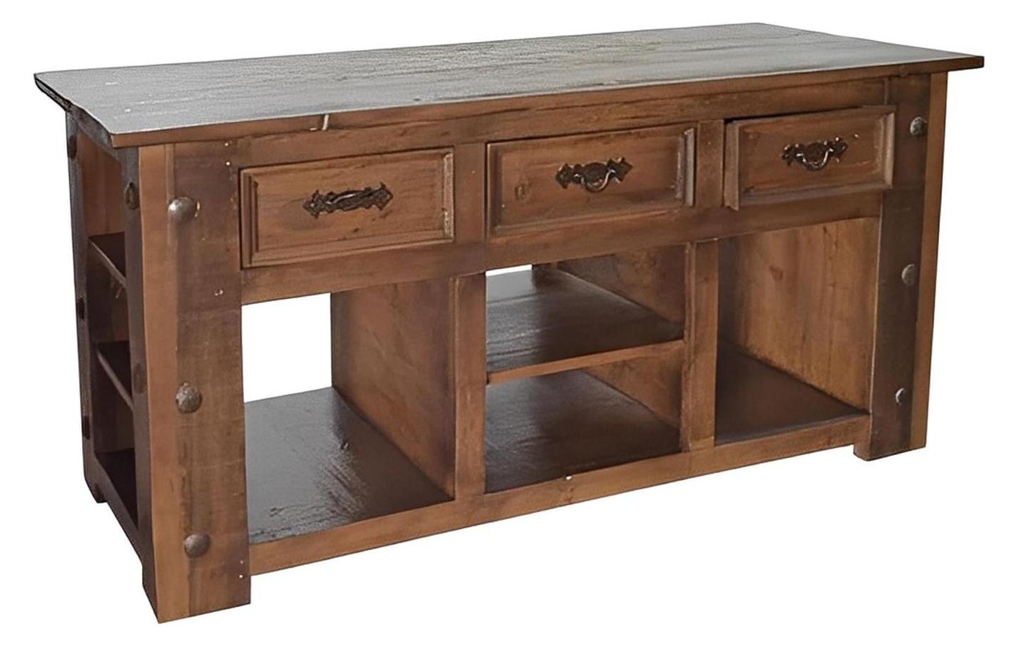 Rattle Hill Solid Wood Plank Kitchen Island With Drawers And Side Shelves