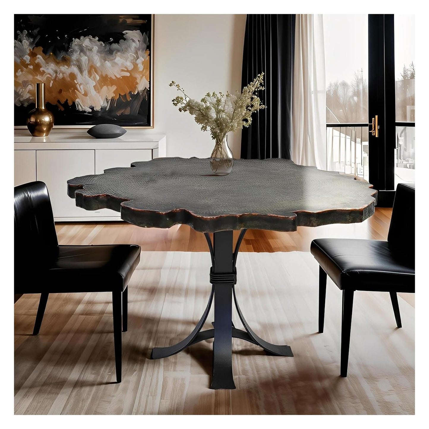 Natural Verde Round Cobre Dining Table | Handcrafted Green Copper Top & Iron Base