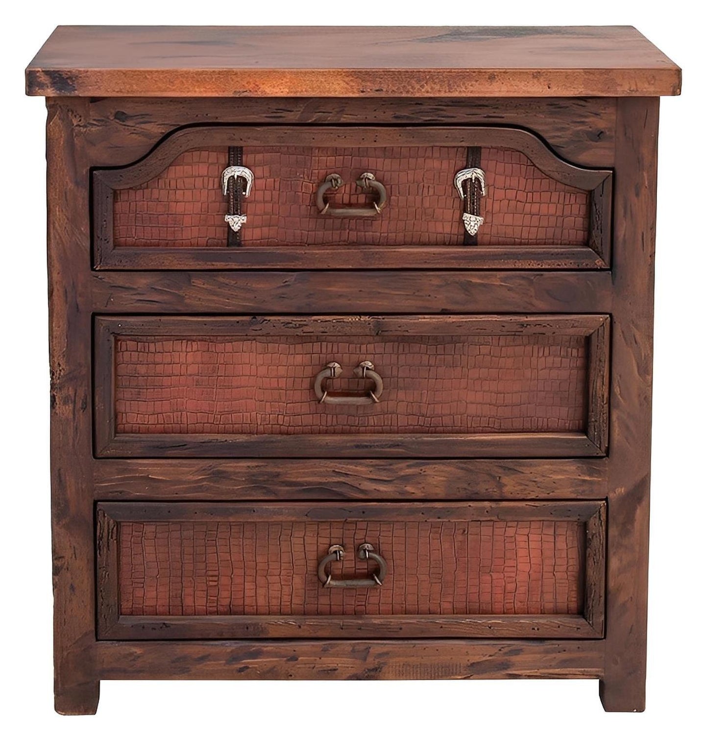 Sierra Saddle Dark Walnut Bed With Dark Red Crocodile Print Leather & Strap Accents, Hand-Carved, Optional Nightstands - Includes Full Service Delivery