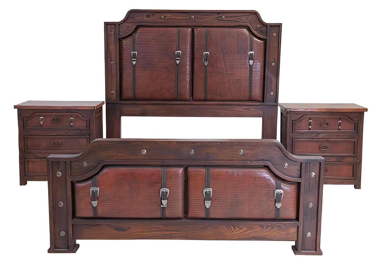 Sierra Saddle Dark Walnut Bed With Dark Red Crocodile Print Leather & Strap Accents, Hand-Carved, Optional Nightstands - Includes Full Service Delivery