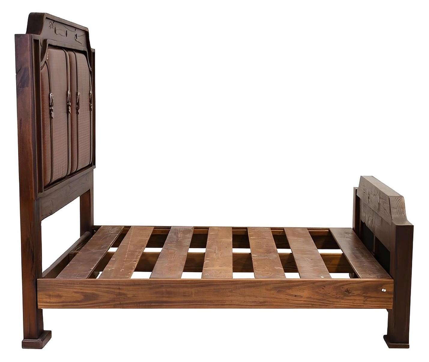 Sierra Saddle Dark Walnut Bed With Dark Red Crocodile Print Leather & Strap Accents, Hand-Carved, Optional Nightstands - Includes Full Service Delivery