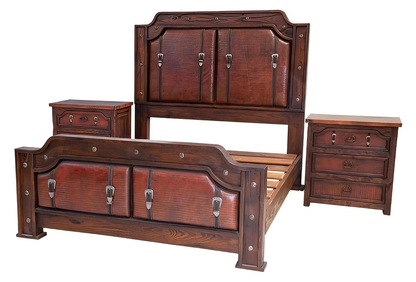 Sierra Saddle Dark Walnut Bed With Dark Red Crocodile Print Leather & Strap Accents, Hand-Carved, Optional Nightstands - Includes Full Service Delivery