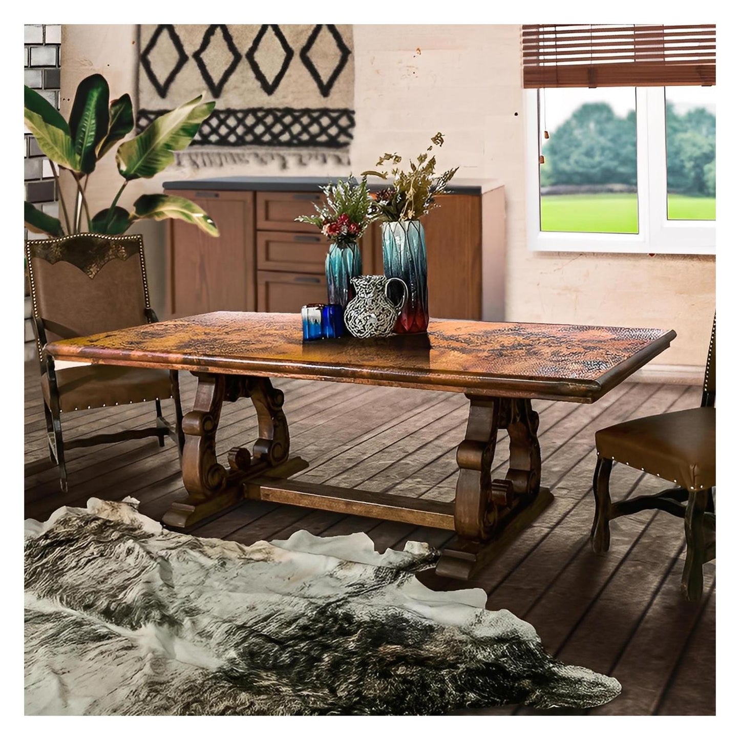 Serrano Rectangular Dining Table | Handcrafted Copper Top & Carved Wood Base | 84x44x30.5
