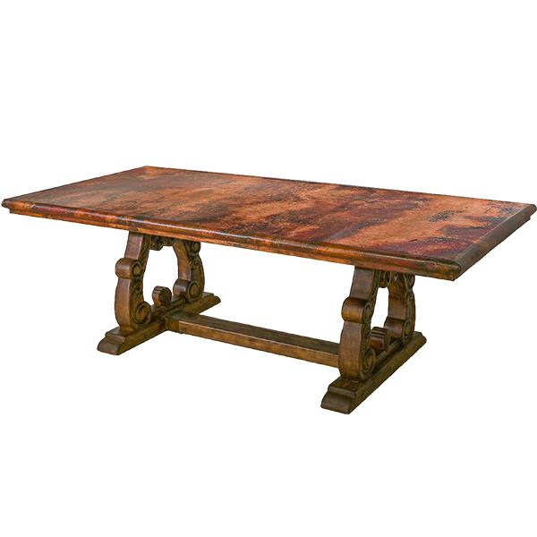Serrano Rectangular Dining Table | Handcrafted Copper Top & Carved Wood Base | 84x44x30.5