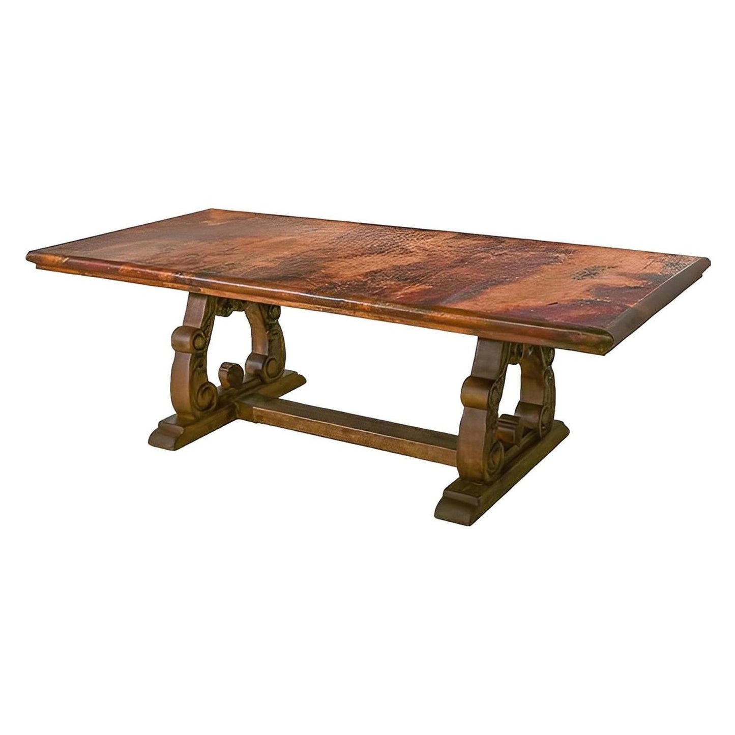 Serrano Rectangular Dining Table | Handcrafted Copper Top & Carved Wood Base | 84x44x30.5
