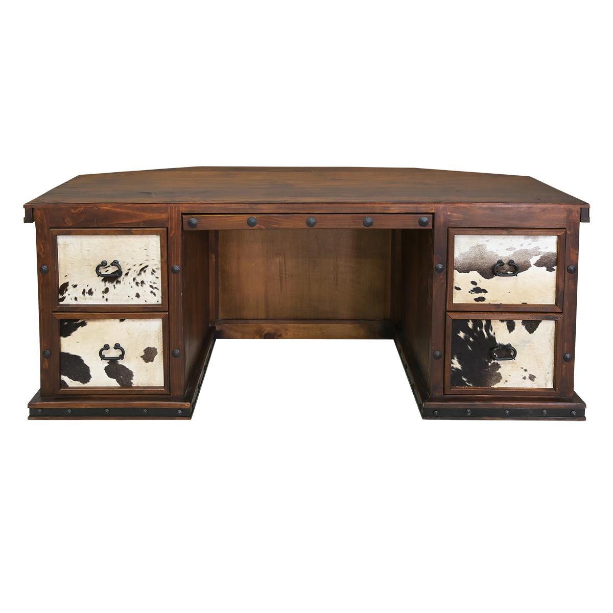 Vaquero Executive Desk | Cowhide & Hand-Tooled Leather Longhorn Panel