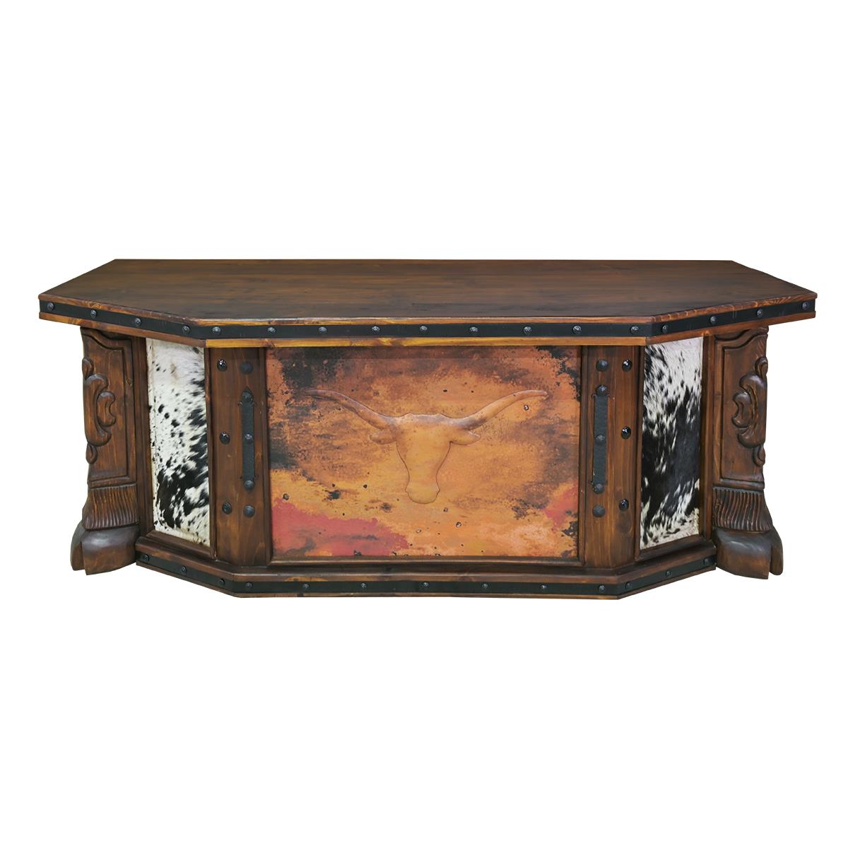 Vaquero Executive Desk | Cowhide & Hand-Tooled Leather Longhorn Panel