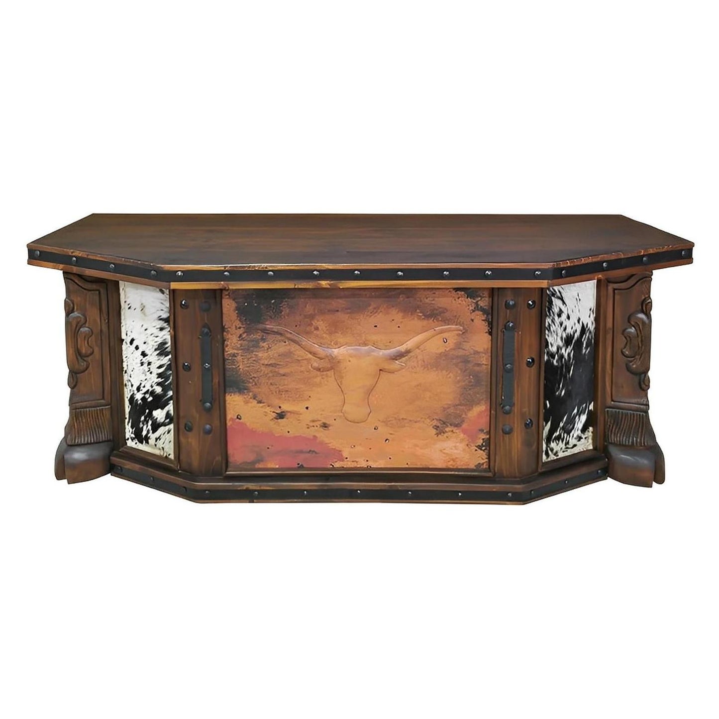 Vaquero Executive Desk | Cowhide & Hand-Tooled Leather Longhorn Panel