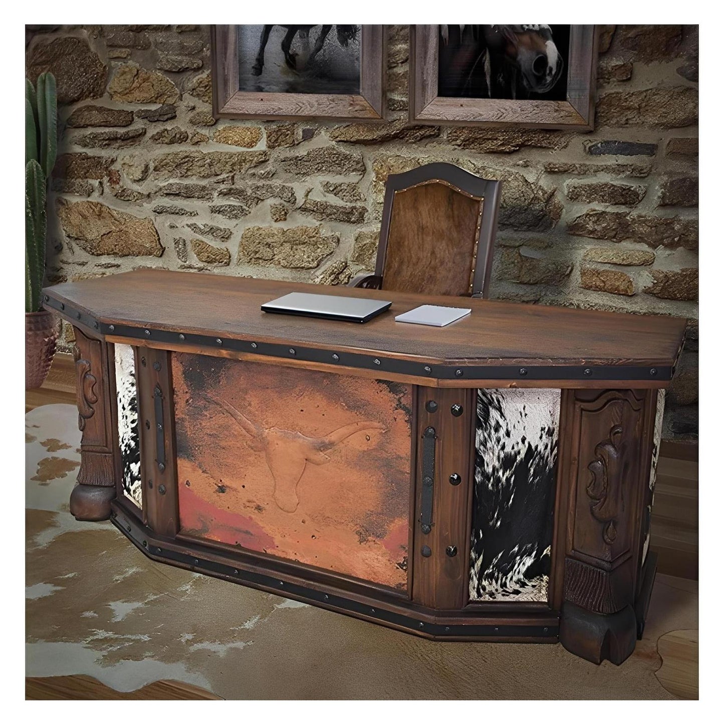 Vaquero Executive Desk | Cowhide & Hand-Tooled Leather Longhorn Panel