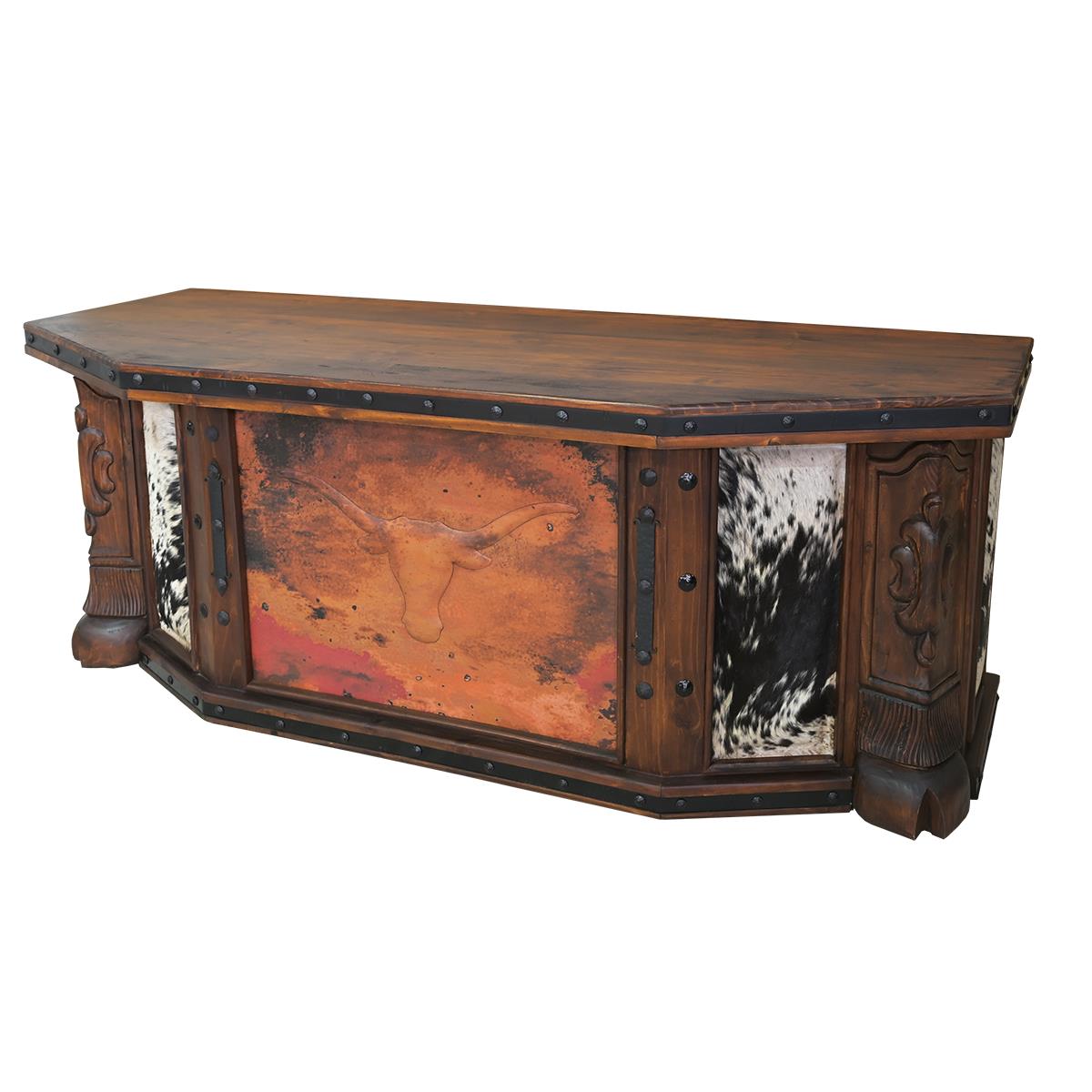 Vaquero Executive Desk | Cowhide & Hand-Tooled Leather Longhorn Panel