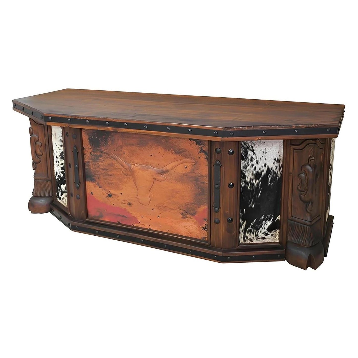 Vaquero Executive Desk | Cowhide & Hand-Tooled Leather Longhorn Panel