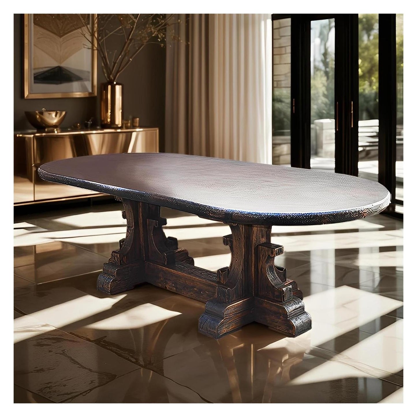 Sonora Estate Oval Dining Table | Copper Top & Hand-Carved Wood Base | 85x40x31