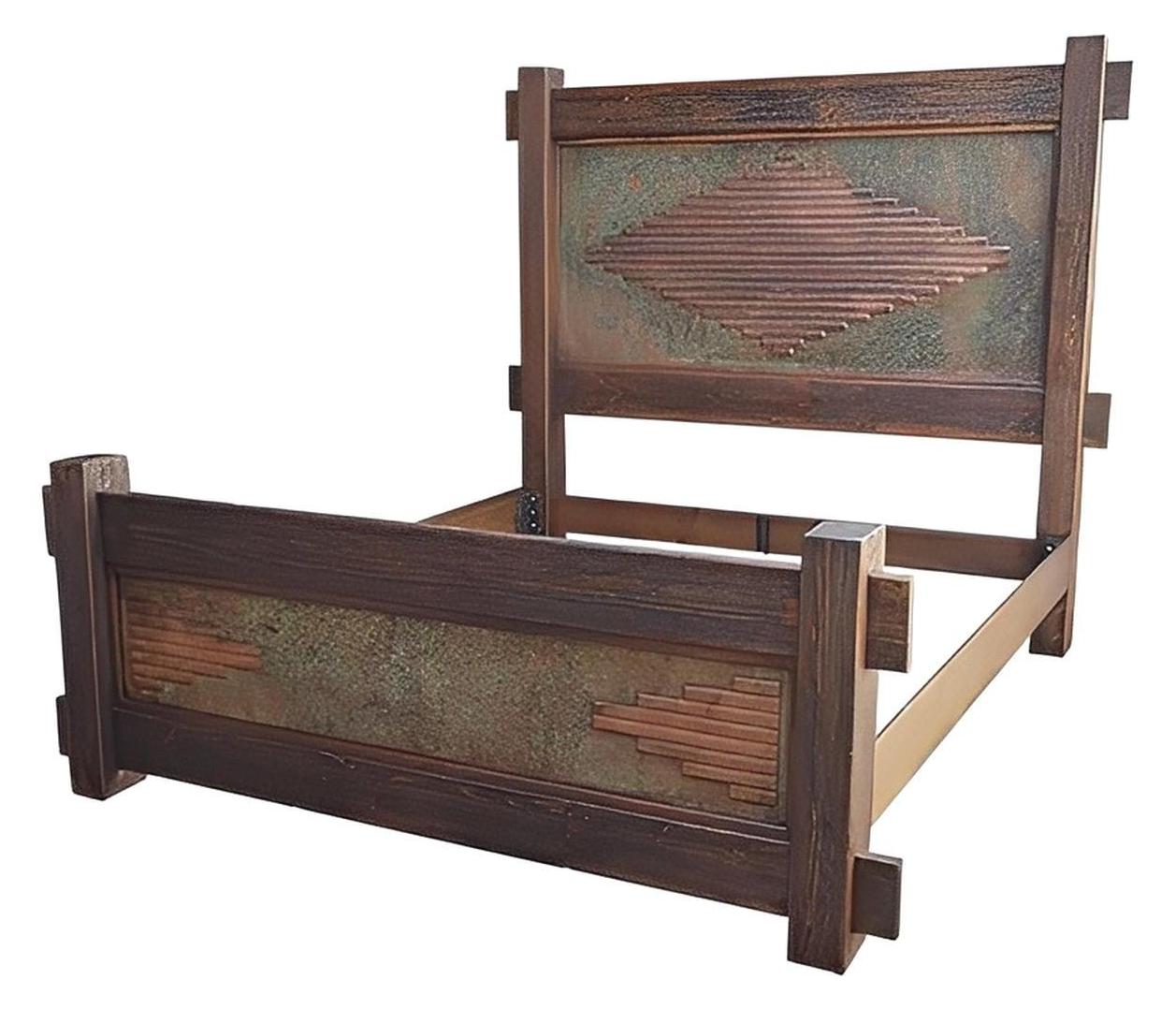 WyldRidge Southwest Rustic Handcarved Wood Bed Walnut with Copper Inlay Panels - Includes Full Service Delivery