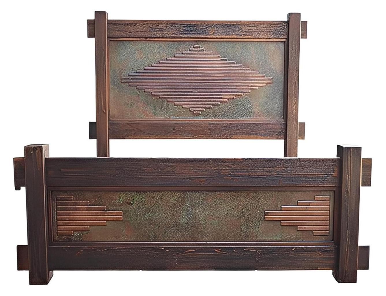 WyldRidge Southwest Rustic Handcarved Wood Bed Walnut with Copper Inlay Panels - Includes Full Service Delivery