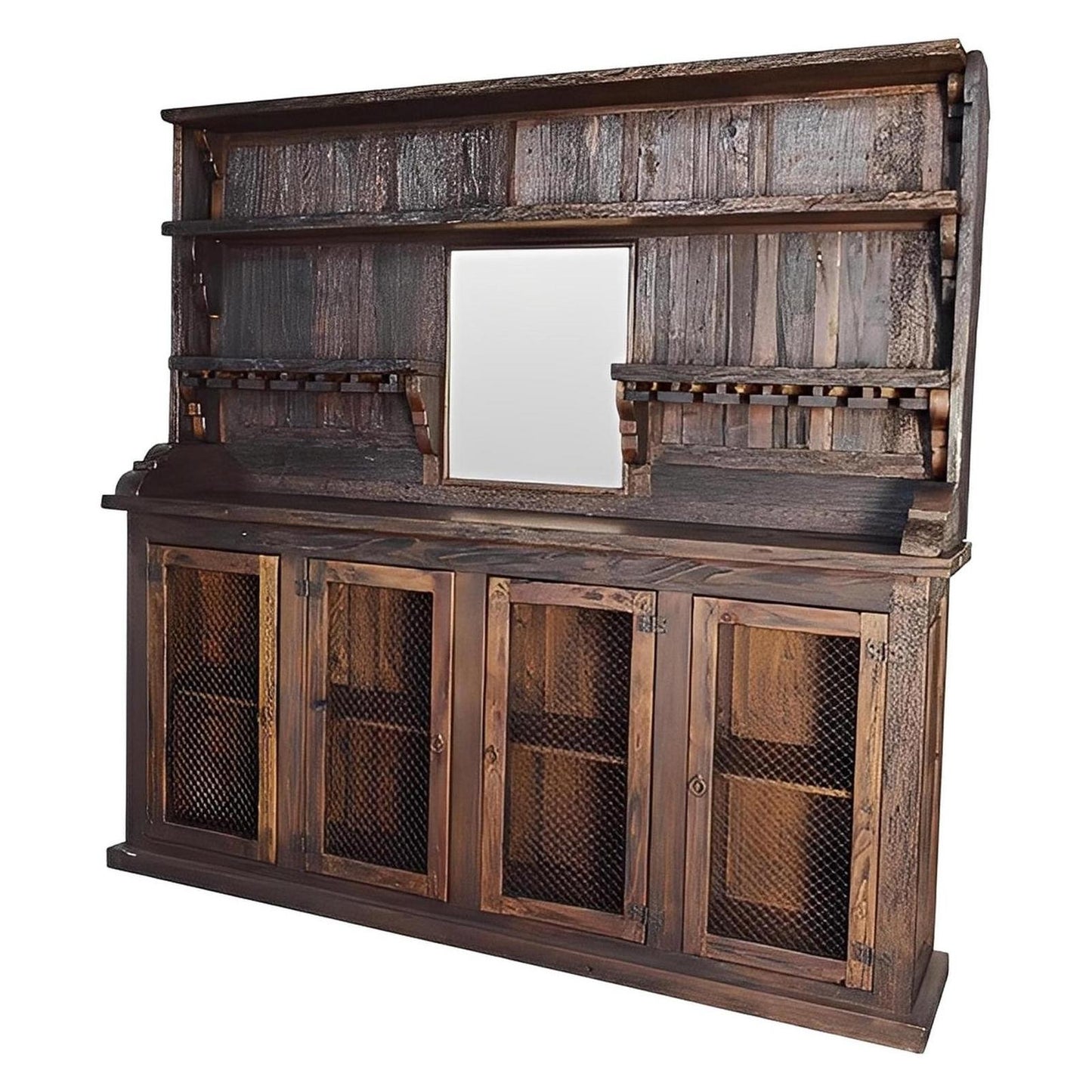 Old West Rustic Bar Back Hutch with Wine Glass Storage & Display Shelves, Hand-Carved