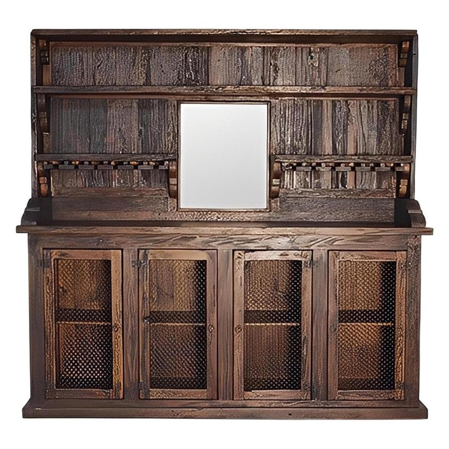 Old West Rustic Bar Back Hutch with Wine Glass Storage & Display Shelves, Hand-Carved