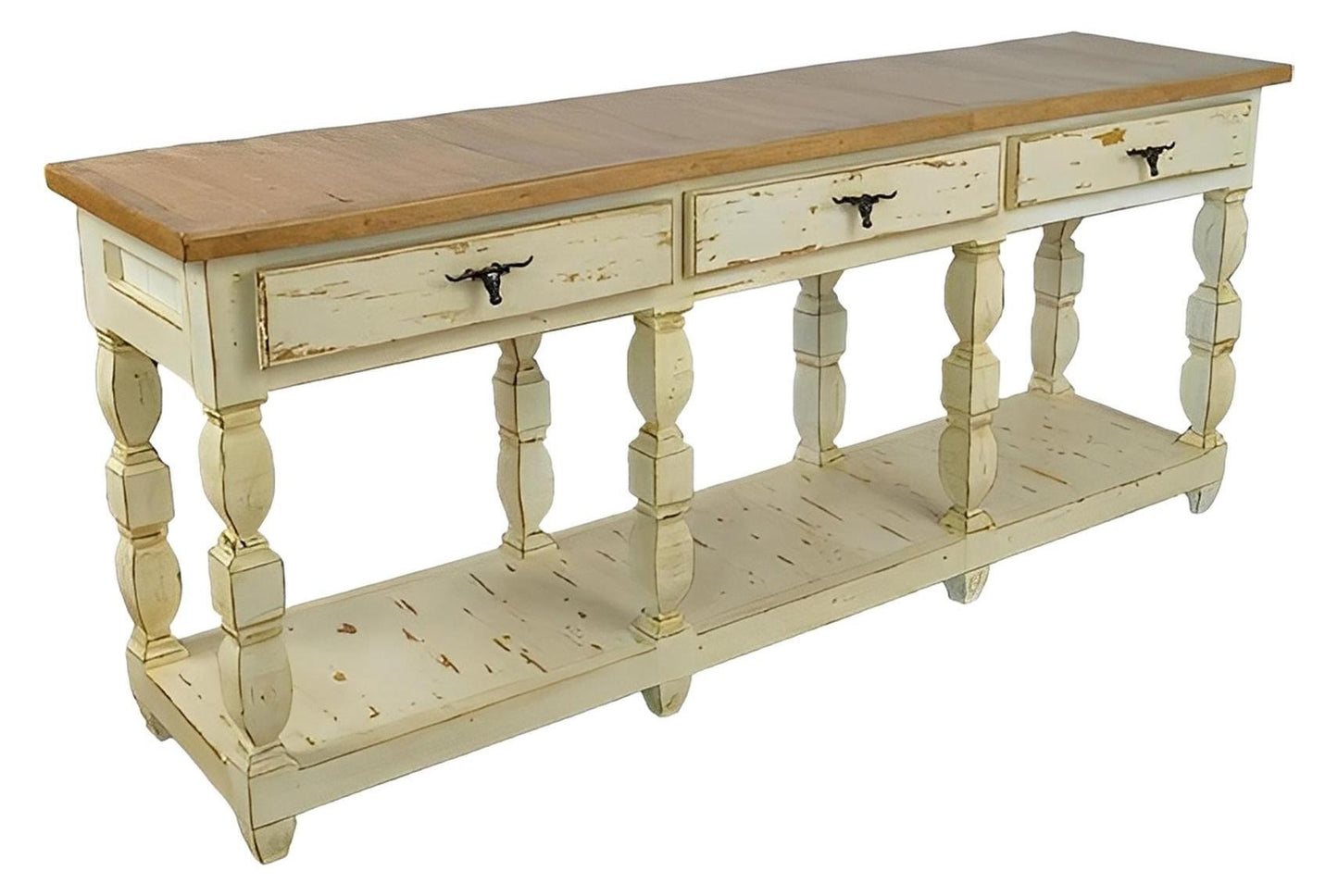 Saddleback Mountain Three Drawer Credenza / Console Table Longhorn Pulls
