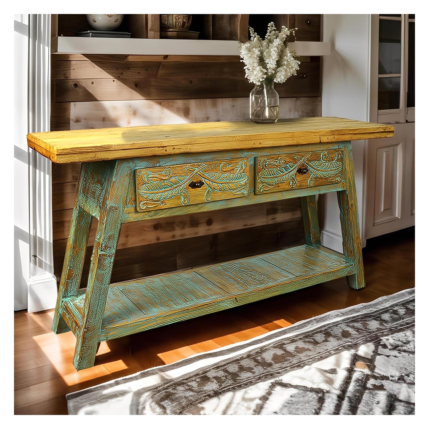 Big Bend Basin Two Drawer Console - Teal Wash