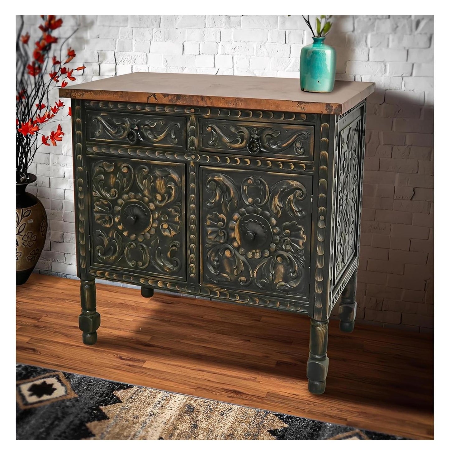 Eagle Basin Utility Cabinet With Two Drawers And Two Doors, Copper Top