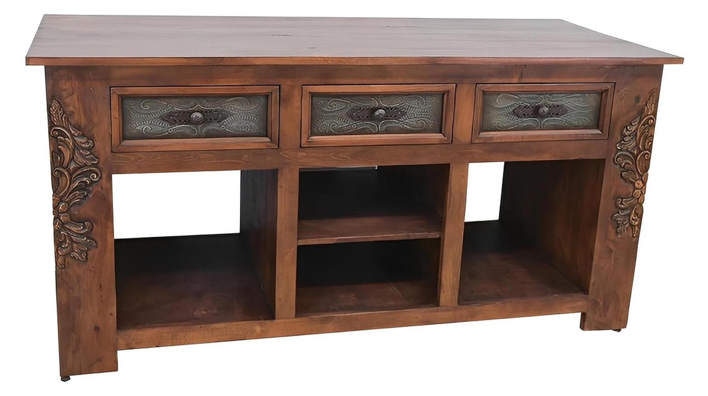 Yellow Canyon Kitchen Island With Double-Side Drawers, Hand Carving And Storage Shelving