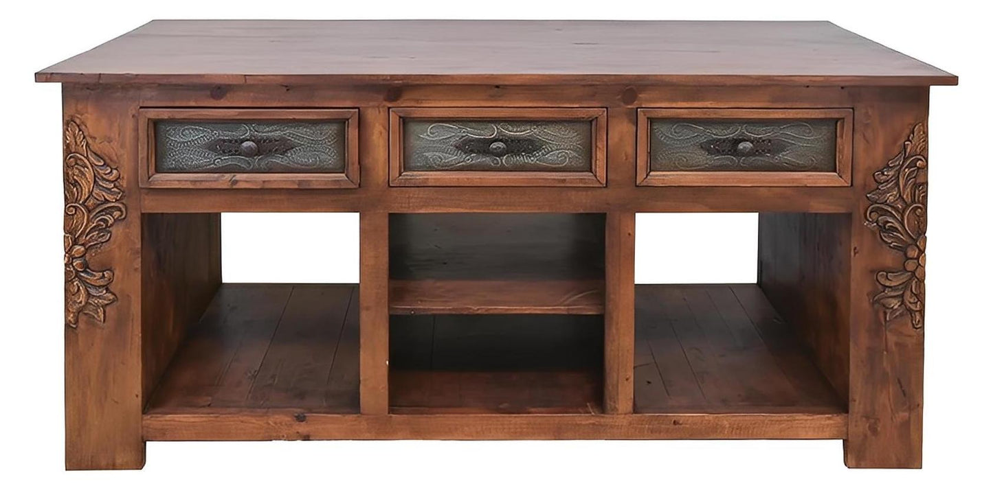 Yellow Canyon Kitchen Island With Double-Side Drawers, Hand Carving And Storage Shelving