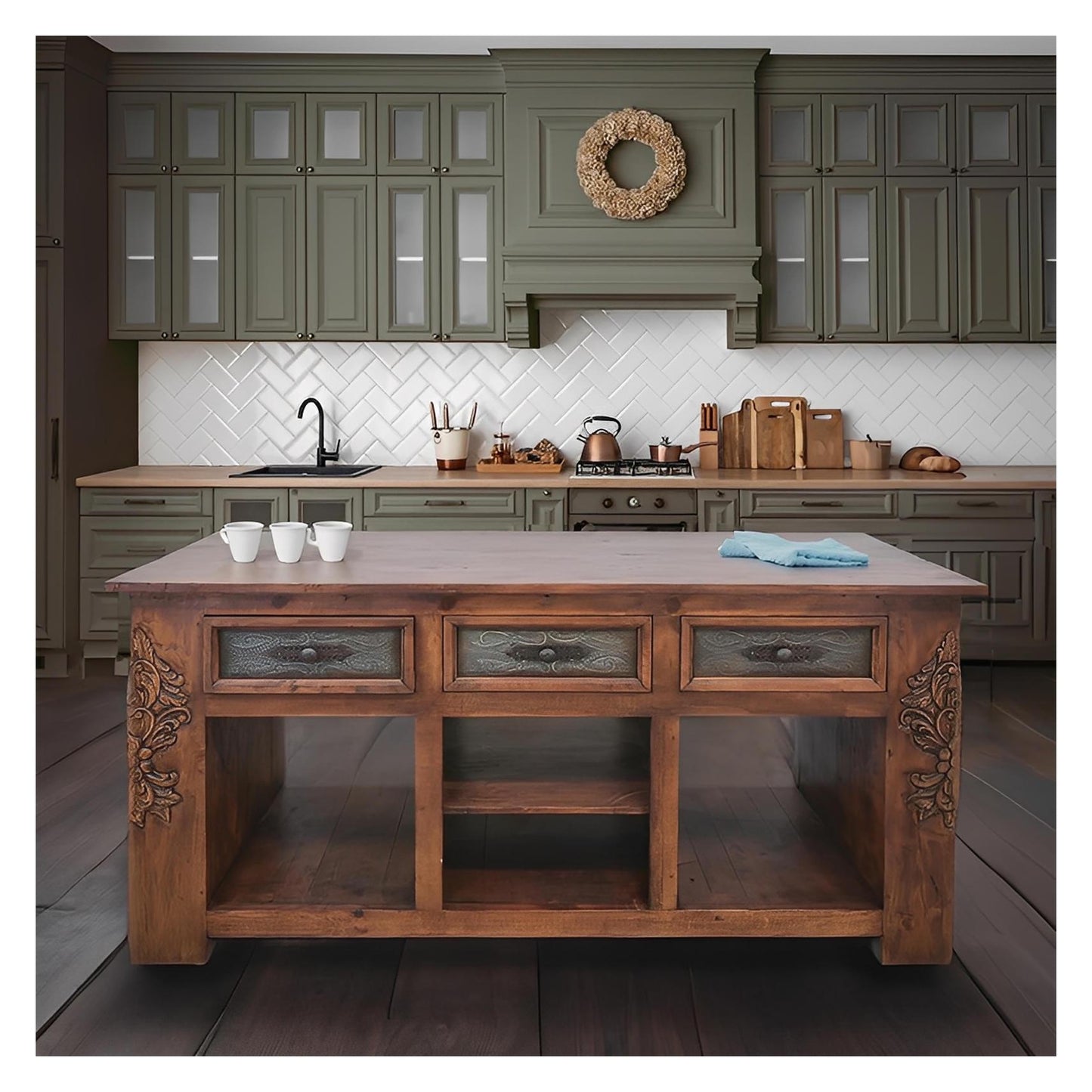 Yellow Canyon Kitchen Island With Double-Side Drawers, Hand Carving And Storage Shelving