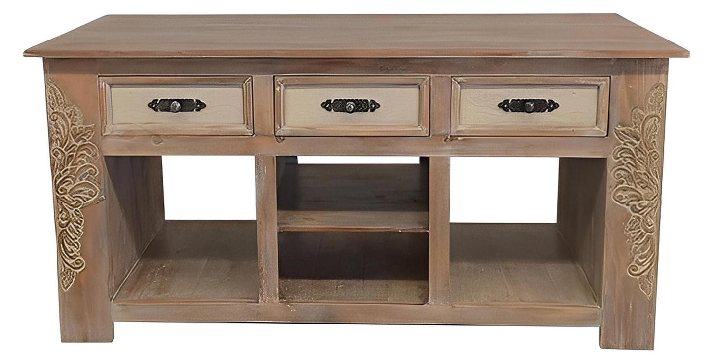 Wolf Canyon Kitchen Island With Double-Side Drawers, Hand Carving And Storage Shelving