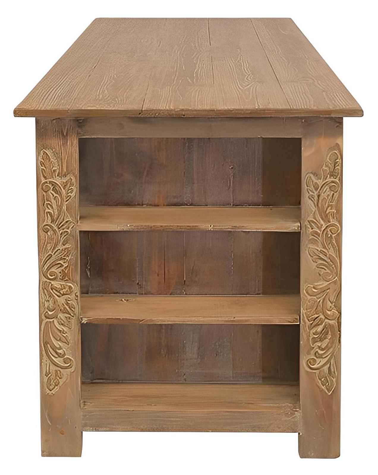 Wolf Canyon Kitchen Island With Double-Side Drawers, Hand Carving And Storage Shelving