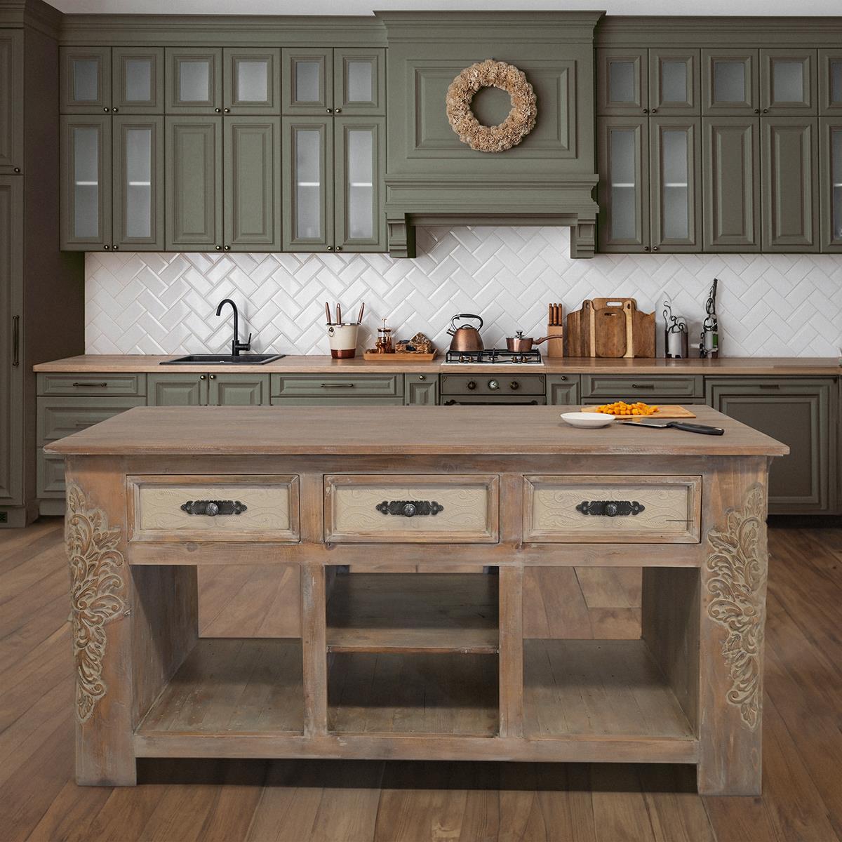 Wolf Canyon Kitchen Island With Double-Side Drawers, Hand Carving And Storage Shelving