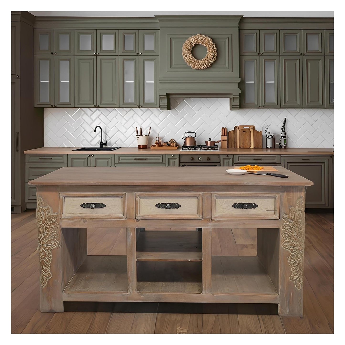 Wolf Canyon Kitchen Island With Double-Side Drawers, Hand Carving And Storage Shelving