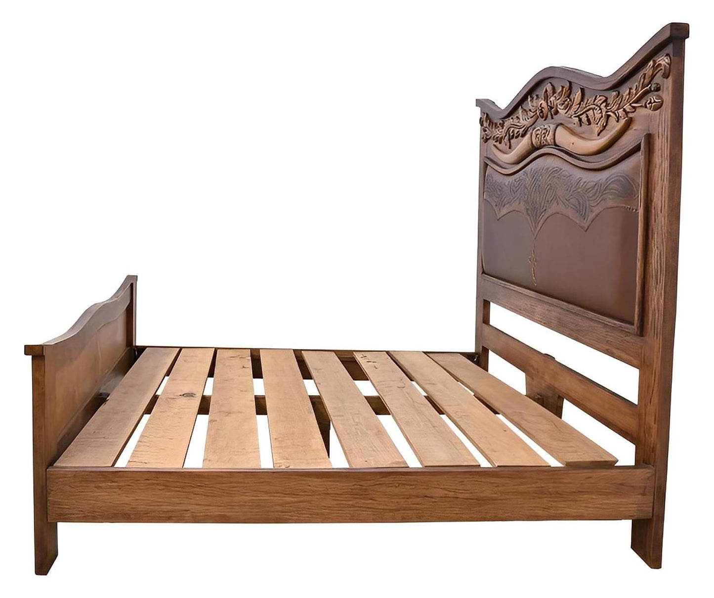 Heritage Crest Oak & Leather Bed, Hand-Carved Bull Horns - Includes Full Service Delivery