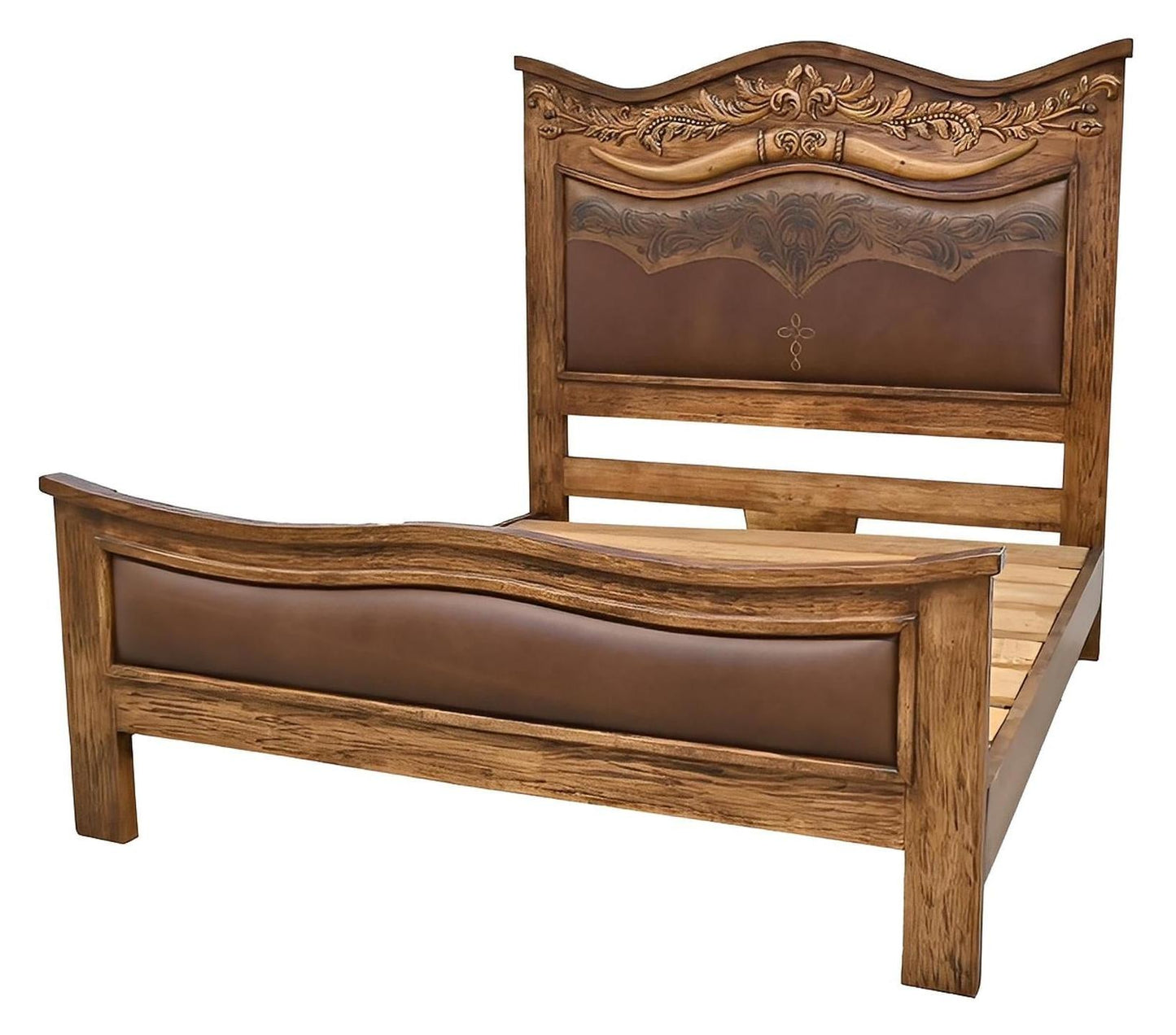 Heritage Crest Oak & Leather Bed, Hand-Carved Bull Horns - Includes Full Service Delivery