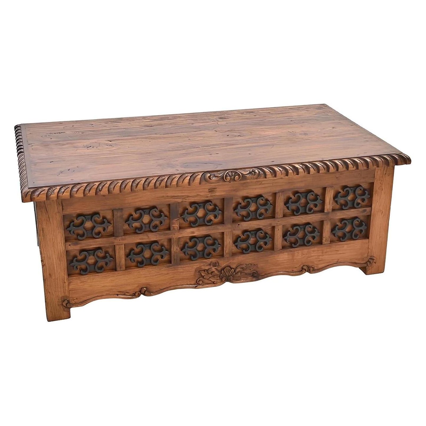 Mission Revival Wooden Coffee Table with Decorative Iron Accents | 20 x 30 x 54