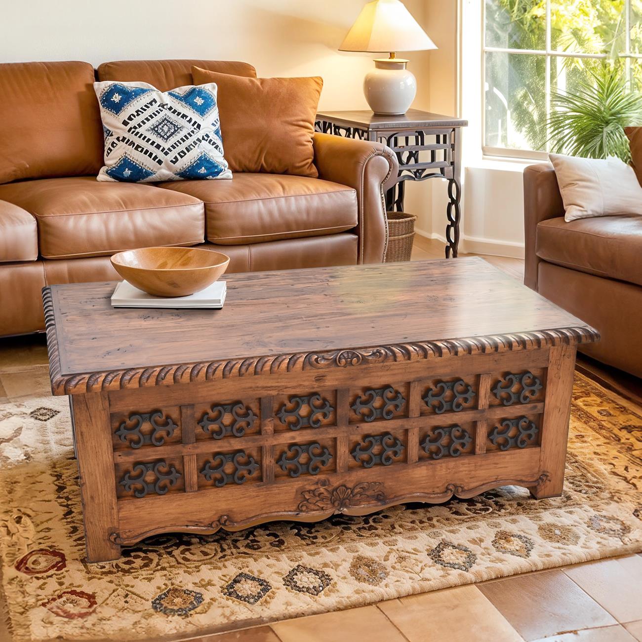 Mission Revival Wooden Coffee Table with Decorative Iron Accents | 20 x 30 x 54