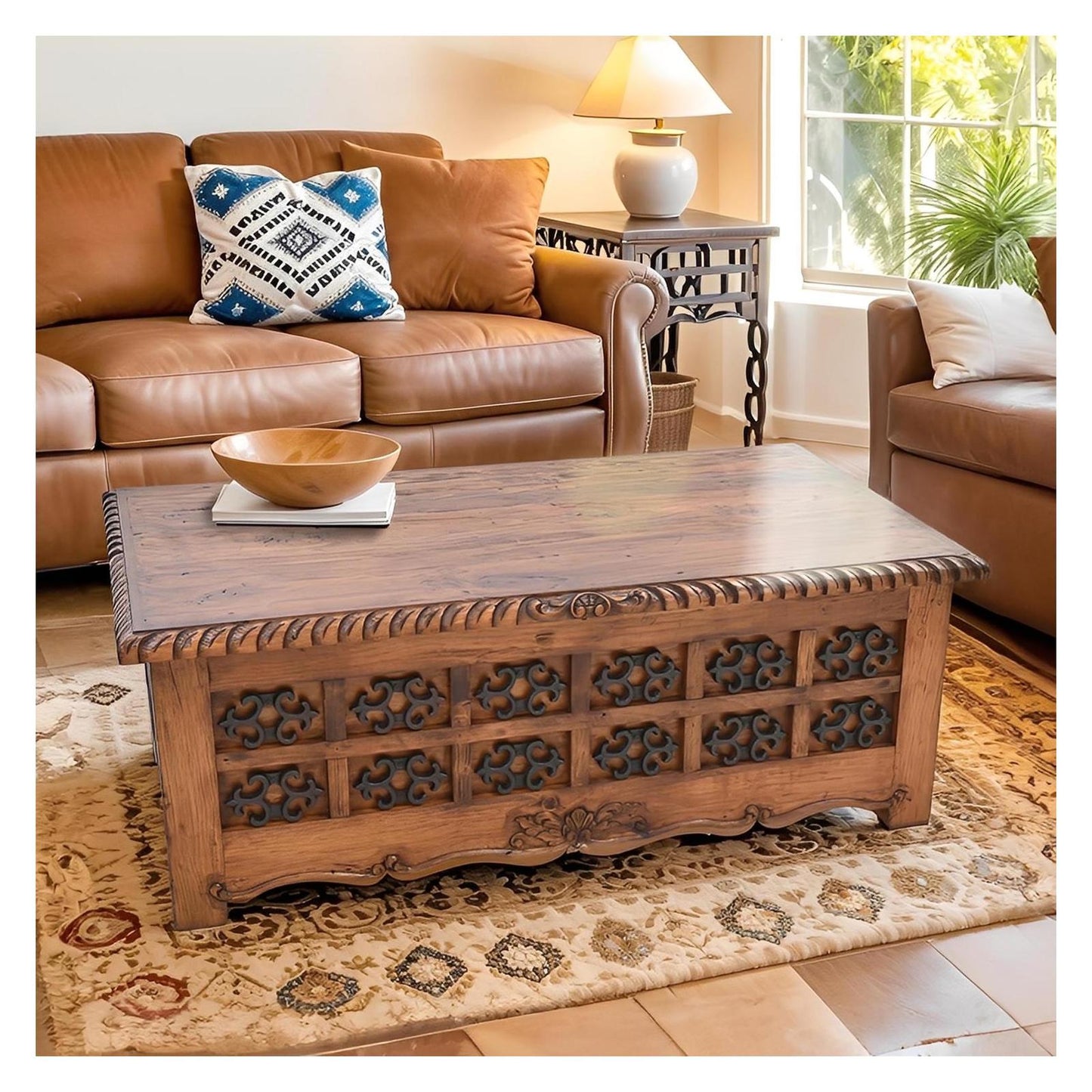Mission Revival Wooden Coffee Table with Decorative Iron Accents | 20 x 30 x 54