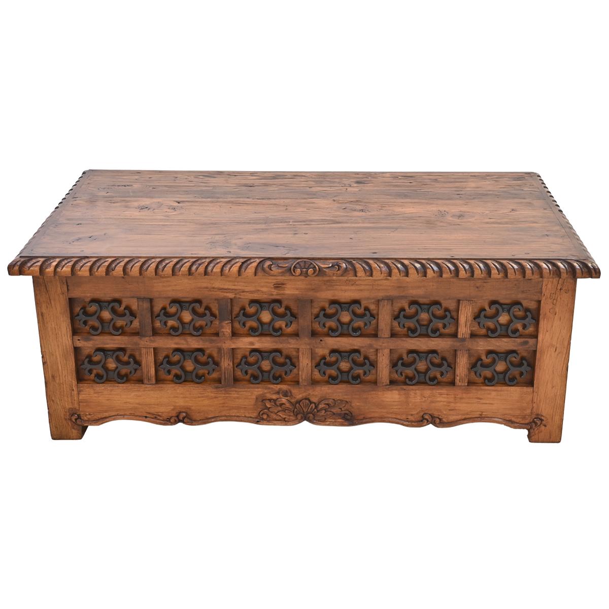 Mission Revival Wooden Coffee Table with Decorative Iron Accents | 20 x 30 x 54