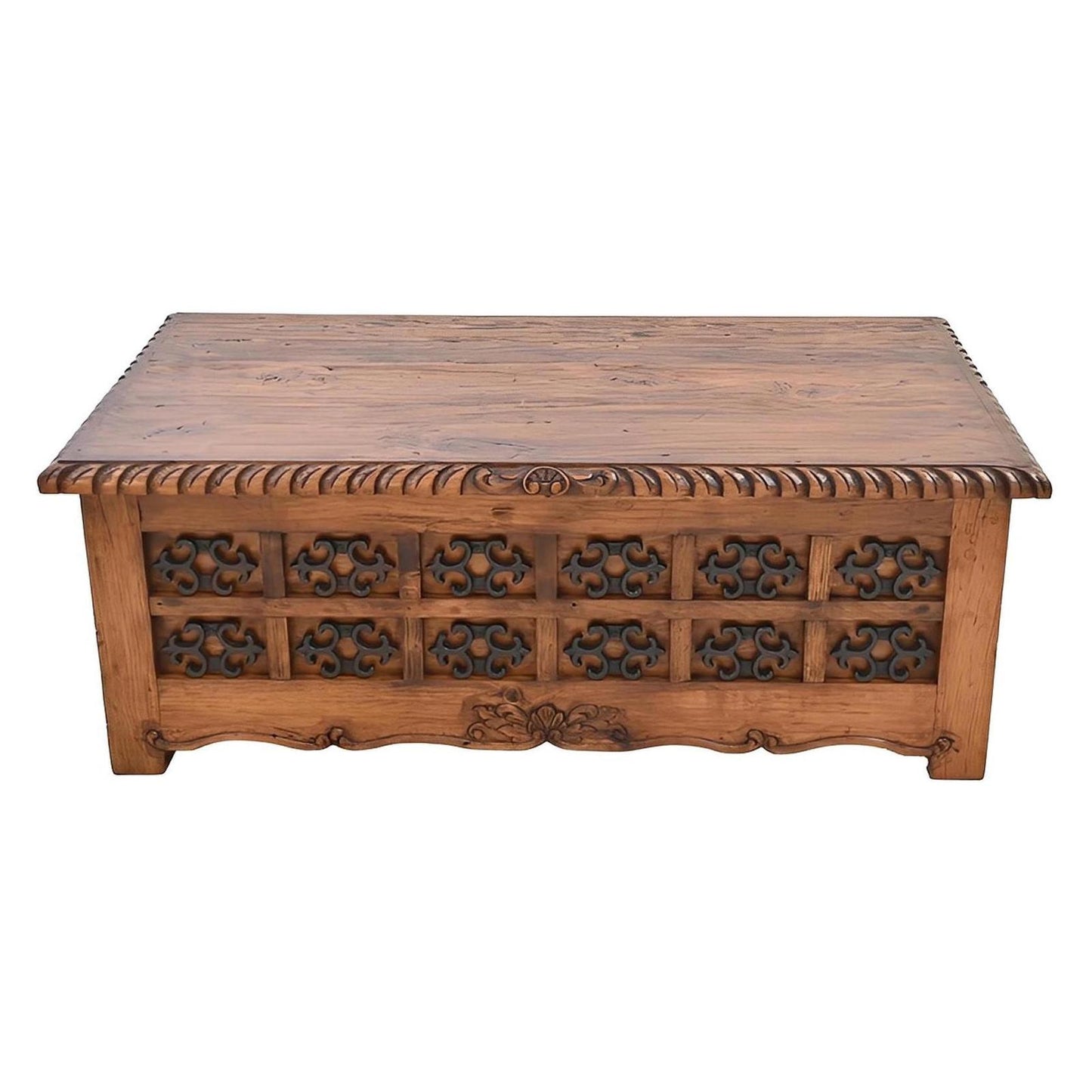 Mission Revival Wooden Coffee Table with Decorative Iron Accents | 20 x 30 x 54