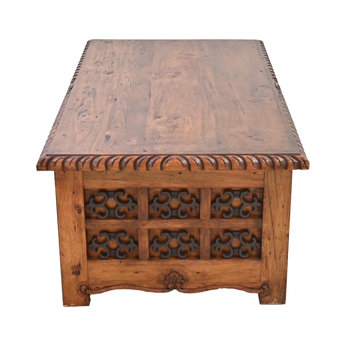 Mission Revival Wooden Coffee Table with Decorative Iron Accents | 20 x 30 x 54